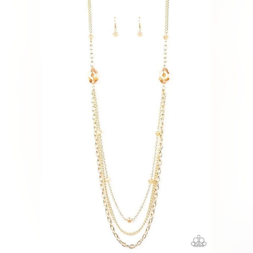 Paparazzi Dare to Dazzle Gold Layered Necklace/Earring Set with Cascading Chains